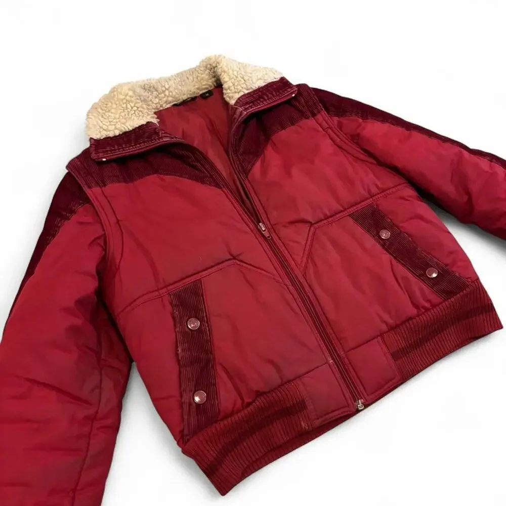 Vintage 60s/70s Burgundy Convertible Puffer Vest Jacket Sherpa Collar